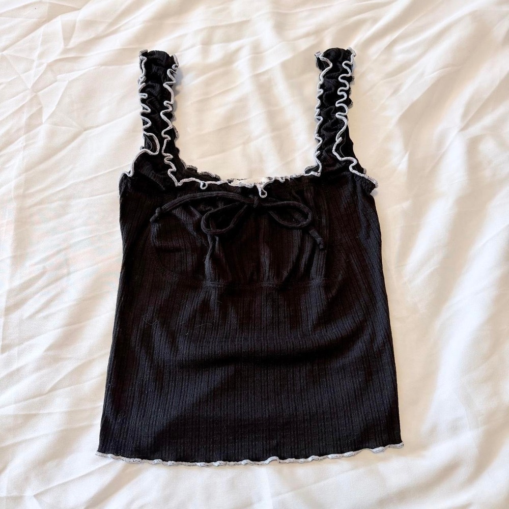 Cherry Mellow Black Ruffle Tank Top Lettuce Trim Y2K Cami T51337
